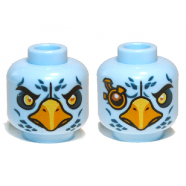 bright light blue minifigure head dual sided alien chima eagle with beak yellow eyes and dark blue feathers angry eyes gold spectacle pattern