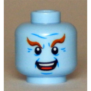 bright light blue minifigure head male dark orange eyebrows black eyes white pupils wrinkles open mouth smile teeth and tongue pattern mr freeze