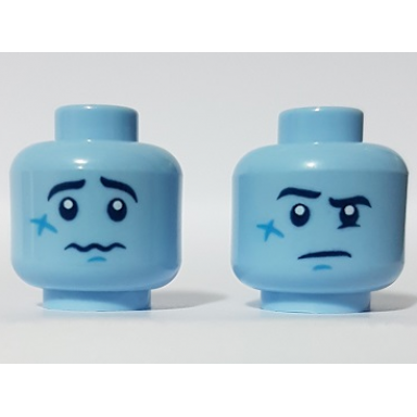 bright light blue minifigure head dual sided black raised eyebrow dark azure cheek scar nervous puzzled pattern