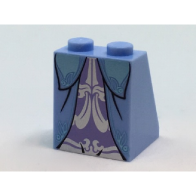 bright light blue slope 65 2 x 2 x 2 with bottom tube with minifigure dress skirt robe layered with ornate light blue trim and lavender panel with silver trim pattern