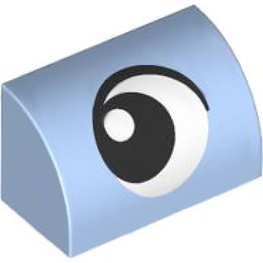 bright light blue slope curved 1 x 2 with black and white eye looking right pattern