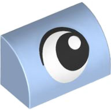 bright light blue slope curved 1 x 2 with black and white eye looking left pattern