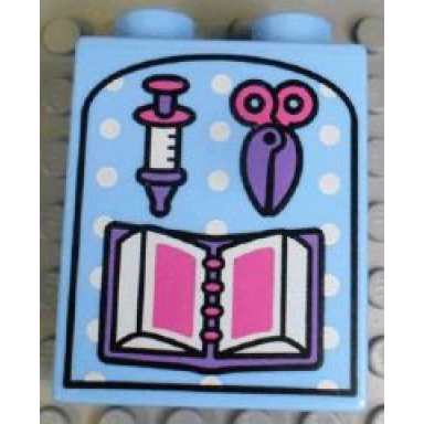 bright light blue duplo brick 1 x 2 x 2 with scissors book and syringe pattern