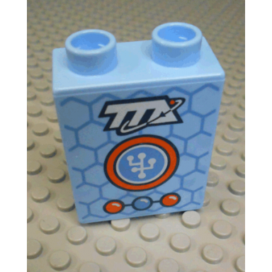 bright light blue duplo brick 1 x 2 x 2 with white tta and orange and blue circle and buttons on blue honeycomb pattern