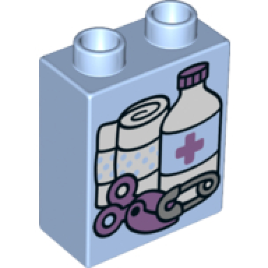 bright light blue duplo brick 1 x 2 x 2 with medical supplies pattern