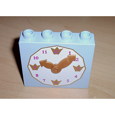 bright light blue duplo brick 1 x 4 x 3 with movable reddish gold clock hands and white clock face with light purple numbers pattern