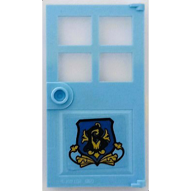 bright light blue door 1 x 4 x 6 with 4 panes and stud handle with beauxbatons crest with dark blue letter b and gold leaves pattern model left side sticker - set 75958
