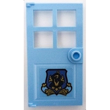 bright light blue door 1 x 4 x 6 with 4 panes and stud handle with beauxbatons crest with dark blue letter b and gold leaves pattern model right side sticker - set 75958