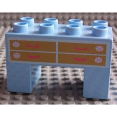 bright light blue duplo brick 2 x 4 x 2 with 2 x 2 cutout on bottom with dressing table pattern sticker - set 4820
