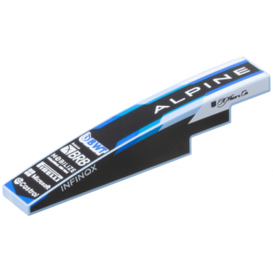 bright light blue slope curved 6 x 1 with blue bwt white alpine banco brb mobilize pirelli microsoft castrol and infinox logos on black background script h moser cie on both sides pattern
