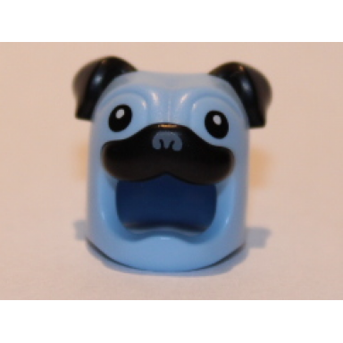 bright light blue minifigure headgear head cover costume pug dog with black ears eyes and muzzle pattern