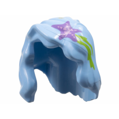 bright light blue minifigure hair female mid-length with part over right shoulder with medium lavender starfish sea star and lime seaweed pattern