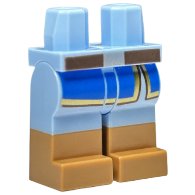 bright light blue hips and legs with molded medium nougat lower legs boots and printed blue robe ends with gold trim dark brown belt with silver buckle pattern