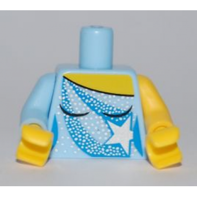 bright light blue torso ice skating costume with white sequins and star pattern yellow arm left bright light blue arm right yellow hands