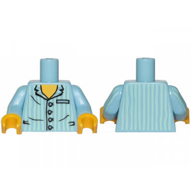 bright light blue torso pajamas shirt with buttons pocket and vertical light aqua stripes yellow neck pattern bright light blue arms with light aqua stripes pattern yellow hands