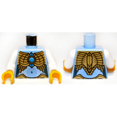 bright light blue torso chima female outline with gold scaled armor and blue round jewel chi pattern white arms yellow hands