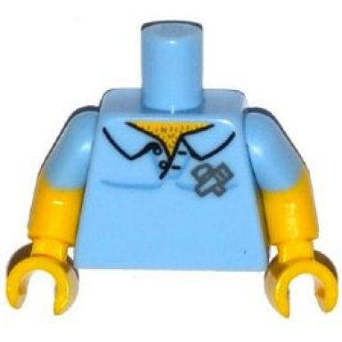 bright light blue torso shirt open collar with chest hair hammer and saw pattern yellow arms with molded bright light blue short sleeves pattern yellow hands