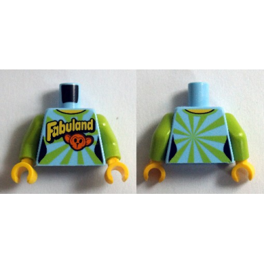 bright light blue torso female top with lime rays fabuland text and monkey face pattern lime arms yellow hands