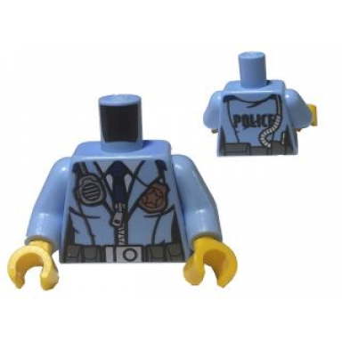 bright light blue torso police female jacket with zipper dark blue tie gold badge radio and police pattern on reverse bright light blue arms yellow hands