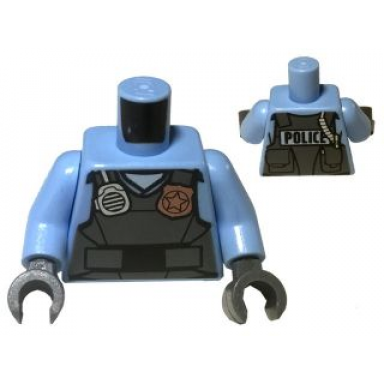 bright light blue torso police shirt with dark bluish gray vest gold badge radio and police pattern on back bright light blue arms dark bluish gray hands