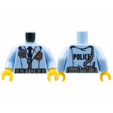 bright light blue torso police male jacket with zipper dark blue tie gold badge radio and police pattern on back bright light blue arms yellow hands