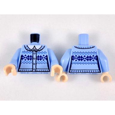 bright light blue torso knit fair isle cardigan sweater with white shirt collar and 4 buttons pattern bright light blue arms light nougat hands