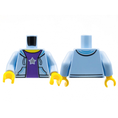 bright light blue torso hooded sweatshirt open with dark purple shirt with silver star pattern bright light blue arms yellow hands