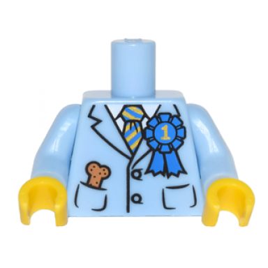bright light blue torso suit jacket with blue and gold striped tie blue 1st place ribbon dog treat bone in pocket pattern bright light blue arms yellow hands