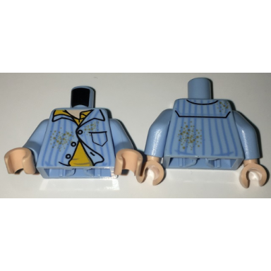 bright light blue torso pajamas with vertical blue stripes yellow undershirt and spots pattern bright light blue arms light nougat hands