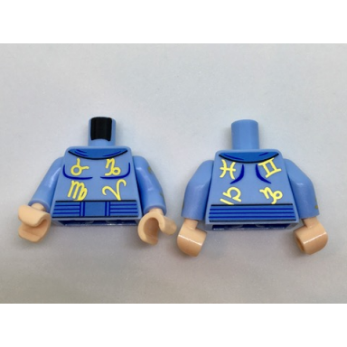 bright light blue torso medium blue collar and belt gold zodiac symbols pattern bright light blue arms with gold zodiac signs pattern light nougat hands