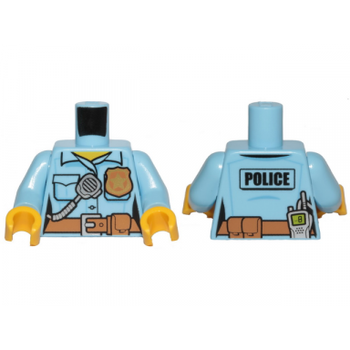 bright light blue torso police female shirt with gold badge dark tan belt with pocket and police and radio on back pattern bright light blue arms yellow hands