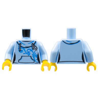 bright light blue torso female hoodie with white laces blue scrollwork kangaroo pocket and back print pattern bright light blue arms yellow hands