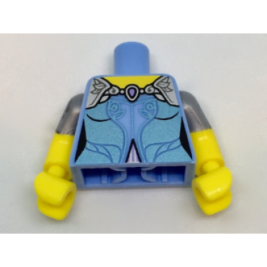 bright light blue torso dress with yellow neck lavender shoulders and metallic trim pattern yellow arms with flat silver short sleeves with flower yellow hands