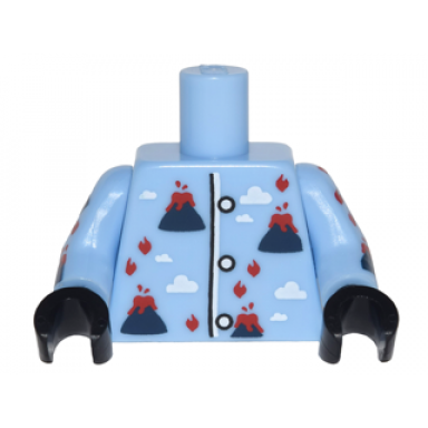 bright light blue torso pajamas with volcanoes with lava and fire and white clouds pattern bright light blue arms with volcano pajamas pattern black hands