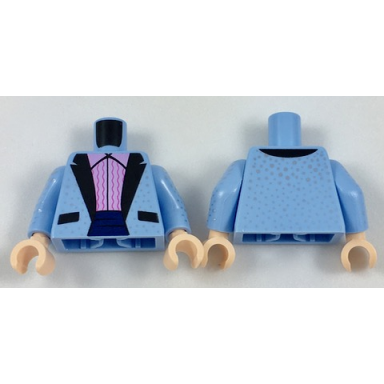 bright light blue torso tuxedo jacket with silver dots bright pink ruffled shirt pattern bright light blue arms with silver dots pattern light nougat hands