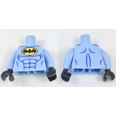 bright light blue torso batman logo in yellow oval with blue muscles pattern bright light blue arms black hands