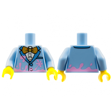 bright light blue torso jacket with gold bow tie and bright pink splotches pattern bright light blue arms yellow hands