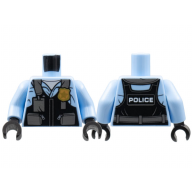 bright light blue torso police black pilot safety vest with police badge and dark bluish gray pockets pattern bright light blue arms black hands