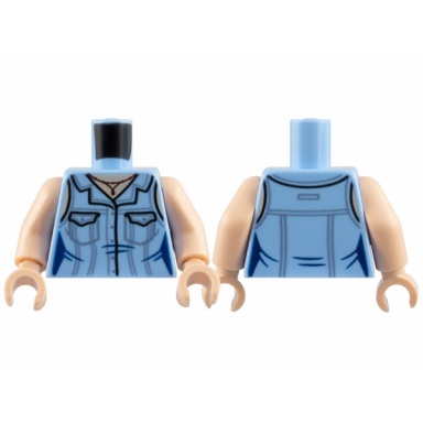 bright light blue torso female sleeveless button up blouse with pockets and sand blue stripes dark brown pendant necklace light nougat neck and shoulders pattern light nougat arms light nougat hands