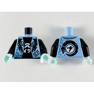 bright light blue torso jacket with black dragons and metallic light blue triangles black shirt with white asian symbols pattern black arms light aqua hands