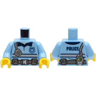 bright light blue torso police shirt with silver and dark blue stripes utility belt radio and police on back pattern bright light blue arms yellow hands
