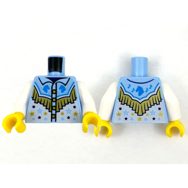 bright light blue torso western shirt dark azure horse heads gold fringe white lower with stars pattern white arms yellow hands