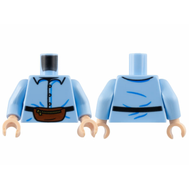 bright light blue torso shirt with buttons and reddish brown kidney bag with zipper pattern bright light blue arms light nougat hands