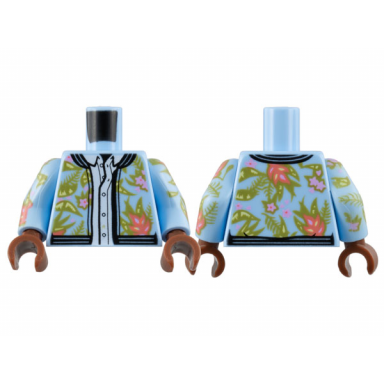 bright light blue torso jacket floral print over white button down shirt pattern bright light blue arms with floral pattern reddish brown hands