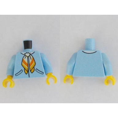 bright light blue torso jacket orange and bright light orange scarf and black pockets pattern bright light blue arms yellow hands