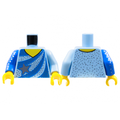 bright light blue torso ice skating leotard blue stripes silver star and speckles pattern bright light blue arm left blue arm with silver star speckles right yellow hands