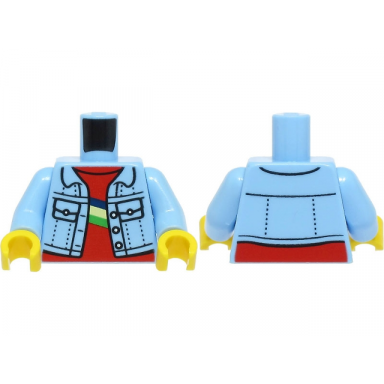 bright light blue torso denim jacket open with pockets and buttons over red shirt with dark blue yellowish green and bright green stripes pattern bright light blue arms yellow hands
