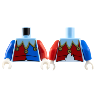 bright light blue torso jester collar with gold trim and bells red and blue panels white duck tail on back pattern red arm left blue arm right white hands