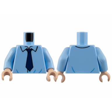 bright light blue torso shirt with loose collar dark blue tie pattern bright light blue arms light nougat hands