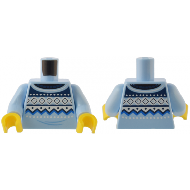 bright light blue torso knit fair isle sweater with blue dark blue and white geometric shapes and zigzag lines pattern bright light blue arms yellow hands